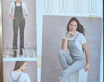 May include: Simplicity sewing pattern for a knit overall. The pattern includes multiple views of the overall design, with a model wearing the finished garment. The pattern is size U.S. 6-14.