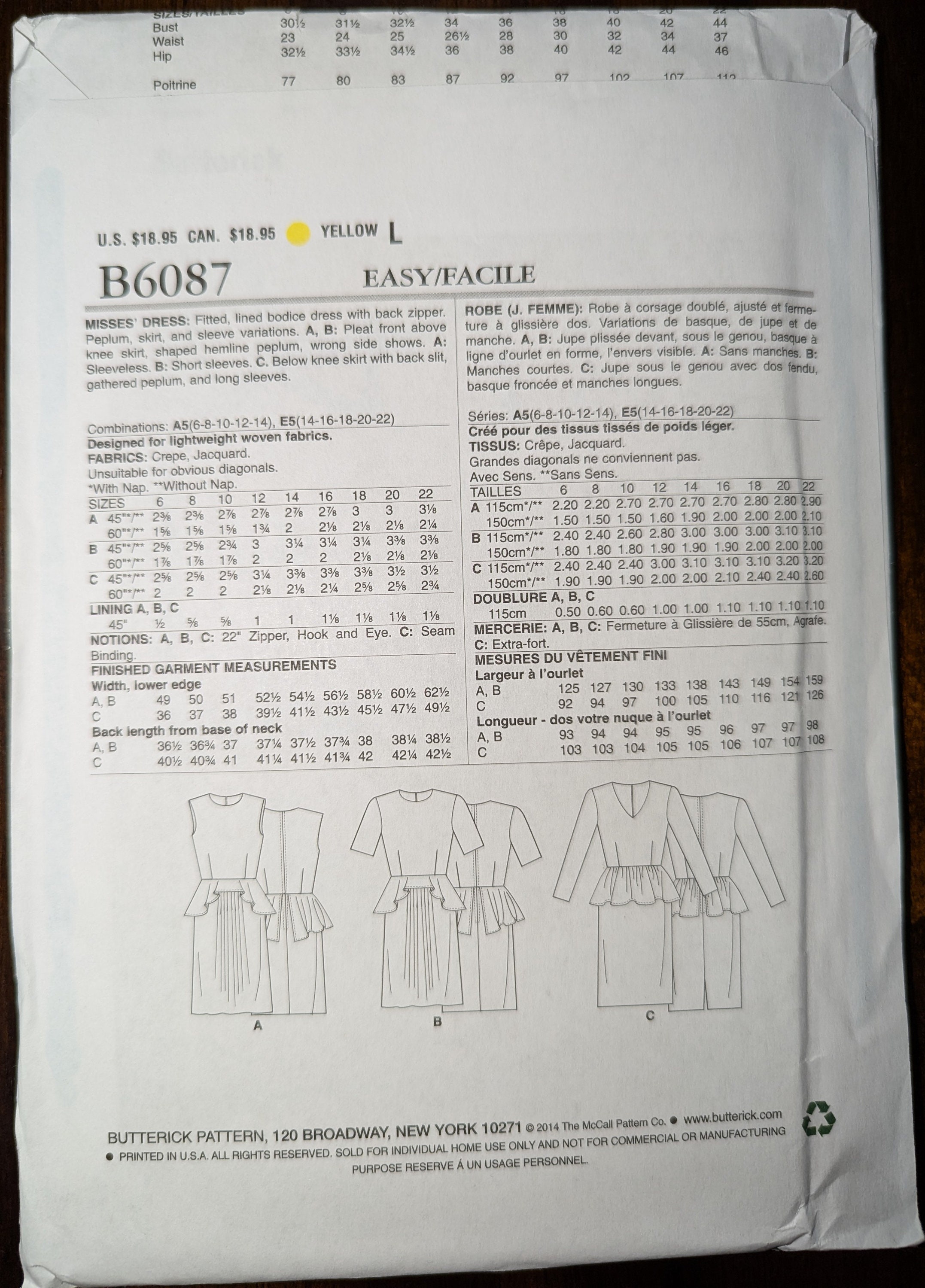 Uncut Butterick Sewing Pattern #B6087 for Misses and Misses' Plus Size ...