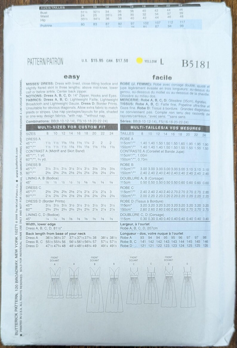 Uncut Butterick Sewing Pattern #B5181 for Misses and Misses' Plus Size ...