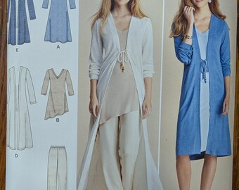 Uncut Simplicity Sewing Pattern 8059 for Misses and Misses' Plus Size Duster in 2 Lengths, Pants, and Knit Dress or Tunic. Sizes XXS-XXL.