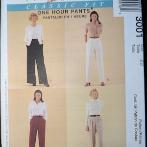 May include: A sewing pattern for pants with four different styles. The pattern is for size 20 and is called "One Hour Pants".