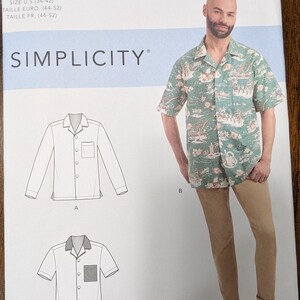 May include: A sewing pattern for a men's shirt with three different styles. The pattern is for sizes US 34-42, Euro 44-52, and French 44-52. The pattern is called Simplicity S9157.