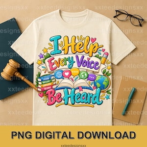 Camiseta "Ayudo a que todas las voces sean escuchadas", camiseta para profesor de inglés como segunda lengua, camiseta "Libro abierto", camiseta "Tiny Humans", camiseta "Voz linda para que la voz sea escuchada"