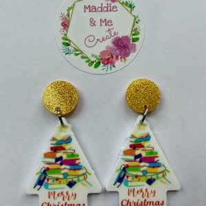 Book stack Christmas tree earrings