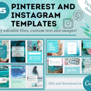 Op de afbeelding: Een turquoise en witte grafische ontwerptemplate voor sociale media met 15 verschillende lay-outs met tekst en afbeeldingen. De tekst bevat "Pinterest en Instagram Templates", "volledig bewerkbare bestanden, aangepaste tekst en afbeeldingen!" en "Bewerken en downloaden in Canva".