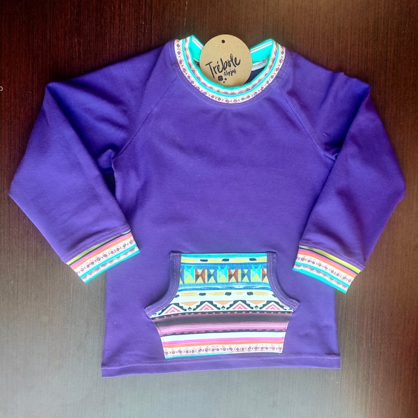 Camiseta infantil - Estampado étnico morado - bolsillo canguro - Tallas desde recién nacido hasta 16 años