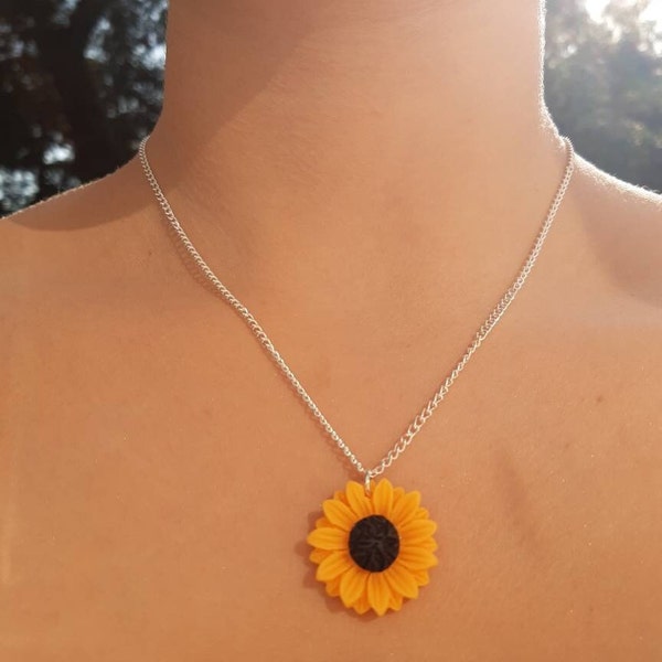 sunflower necklace - national flower of Ukraine, donation made with each purchase to the DEC - with silver plated curb chain