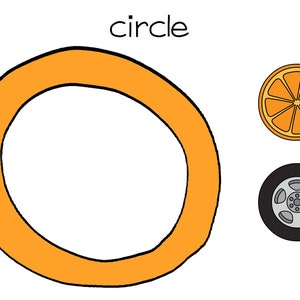 May include: An orange circle with a black outline, the word "circle" above it, and illustrations of an orange slice and a car wheel. The orange circle is the primary focus, with the other images serving as examples.