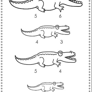 May include: Black and white line drawing of four alligators of different sizes. The alligators are facing right. Numbers are written below each alligator.