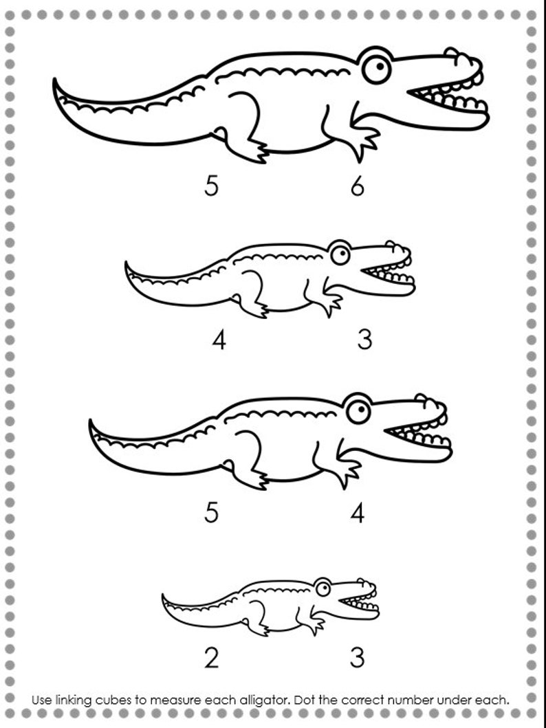 May include: Black and white line drawing of four alligators of different sizes. The alligators are facing right. Numbers are written below each alligator.