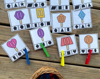 Popsicle Shape Cards - clip cards - preschool - kindergarten - tot school - shape flashcards - shape activity - summer learning