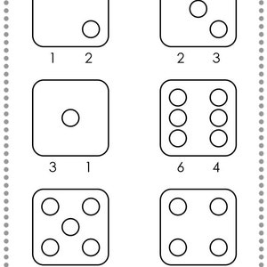 May include: A black and white worksheet with six dice. Each die has a different number of dots. The worksheet instructs the user to place a dot sticker or dot marker in each dot and count the correct number.