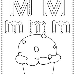 May include: A printable worksheet for practicing tracing the uppercase and lowercase letter M. The worksheet includes a muffin with dotted blueberries to color in.