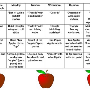 May include: A weekly lesson plan for preschoolers focusing on the letter A and the color red. The plan includes activities like dotting, tracing, coloring, decorating, sorting, building, matching, and counting. The activities use red craft sticks, red linking cubes, red pom poms, red markers, red paint, and red stickers. The plan also includes a red apple theme with activities like reading "Ten Apples Up on Top", making an apple mosaic, and sorting red, yellow, and green pom poms.
