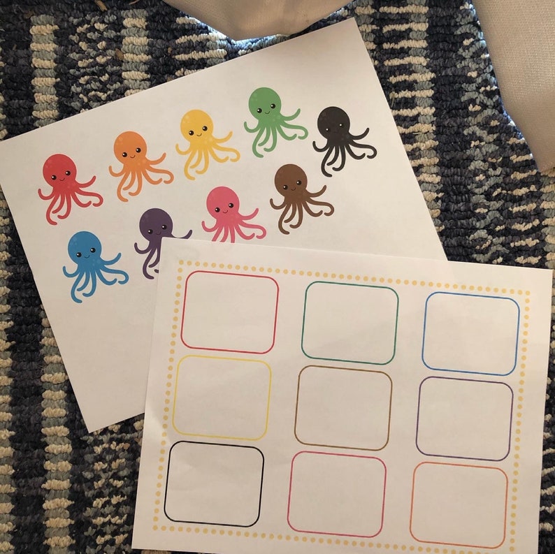 May include: A printable worksheet with nine blank boxes and a sheet of colorful octopus illustrations. The octopus illustrations are in red, orange, yellow, green, blue, purple, pink, brown, and black.