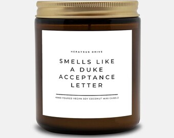 Smells Like A (Custom) Acceptance Letter | Hand Poured 9 oz. Brown Jar | Minimal, College Student Announcement Gift, Modern Candle, School