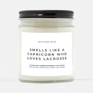 Smells Like A Capricorn Who Loves Lacrosse Candle | Hand Poured 9 oz. | Minimal,Sportsgirl,Coach Gift,Lacrosse Mom, Lacrosse Player, LAX Fan
