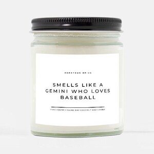 Smells Like A Gemini Who Loves Baseball Scented Candle | Hand Poured 9 oz. | Minimalist, Sportsgirl, Baseball Coach Gift, Baseball Fan Gift