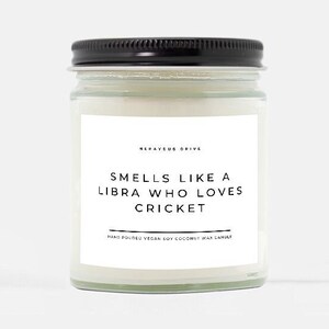 Smells Like A Libra Who Loves Cricket Candle | Hand Poured 9 oz. | Minimal, Cricket Gifts, Cricket Coach, Cricket Team, Funny Birthday Gift