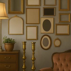 May include: A collection of gold-framed mirrors and artwork adorns a gray wall. A wooden dresser with a potted plant and a floor lamp with a beige lampshade are on the left. Two gold candlesticks stand in front of a tufted armchair.