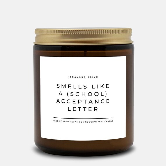 Smells Like A (School) Acceptance Letter Scented Candle | Hand Poured 9 oz. Brown Jar | Minimal Candle, Dorm Decor, College Student Gifts