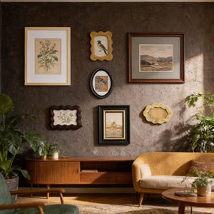 May include: A collection of framed art pieces, including botanical prints and landscape paintings, displayed on a textured dark wall. The frames vary in style and color, with a mid-century modern wooden cabinet and a yellow sofa below.