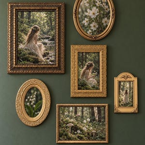 May include: A collection of five ornate gold-toned picture frames arranged on a wall. The frames contain photographic prints featuring forest scenes, white flowers, mushrooms, and a person in a light-colored dress within a woodland setting.