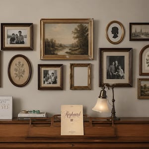 May include: A gallery wall featuring various framed artworks, including landscape paintings, black and white family photographs, and botanical prints. Below, a wooden piano holds a book titled Architectural Digest Century of Style and a sheet music cover labeled Keyboard.