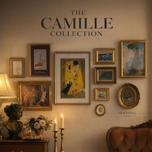 May include: A gallery wall featuring framed art prints in gold frames. The collection includes various styles, from classic paintings to modern art, with the text "THE CAMILLE COLLECTION" at the top. A bust, flowers, and candles are in the foreground.