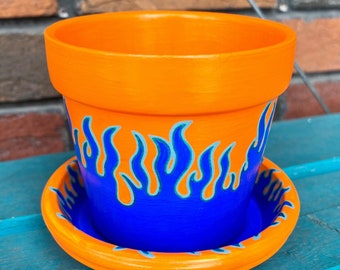 Medium size pot fire burn burning blue metallic orange plants flame hot wheels turquoise handmade decoration garden gardening gift homedecor