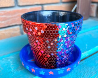 Medium glitter pot circus blue red star show plant garden gardening interior decoration botanical decor colorful handmade gift living room