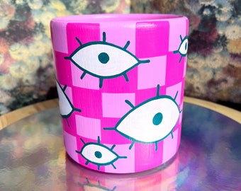 Big checker pot square eyes pattern pink teal plant flower garden gardening interior decoration home decor handmade cute gift surprise
