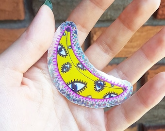 Sticker Seeing Banana eyes freaky glitter holographic fruit decoration scrapbook food yellow pink wierd eyelash stationery alien