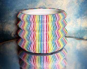 Concrete pot cover striped rainbow stripe multicolored home decor plant flower handmade maximalism colorful gardening garden living room
