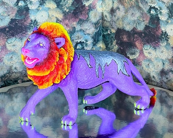 Large purple lion fire neon mane interior decoration home decor figurine handmade trinket jungle child gift animals toy bedroom office