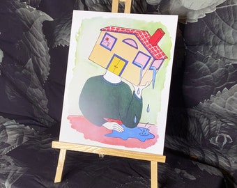 Sad House print home decor handmade design sadness cartoon watercolor poster wall hanging tears roof office decoration bedroom relax deep
