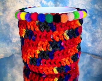 Wool pot cover crochet pompoms handmade multicolor rainbow cute plant garden gardening interior decoration home decor gift maximalism