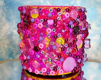 Big pink and yellow pearl planter jeweled crystals indoor decoration maximalist garden living room kitchen office 90s home decor