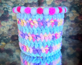 Wool pot cover crochet pastel handmade pompoms pale pink blue cute plant garden gardening interior decoration home decor maximalism gift