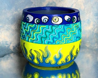 Medium flower pot blue teal yellow neon eyes zig zag plant garden gardening home decor interior decoration wierd office kitchen living room
