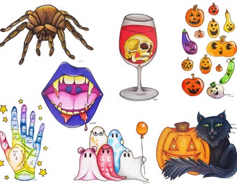 Halloween coloring adult child pumpkin cat witch skull spooky drawing illustration fear fall spider diy scrapbook digital family school