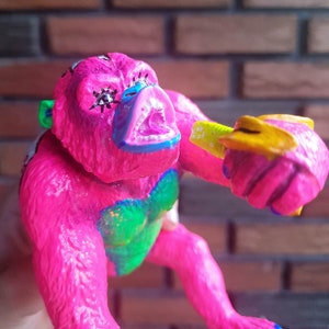 Neon pink gorilla figurine banana belly glitter colorful hand painted comic decoration trinket neon gift bedroom office living room