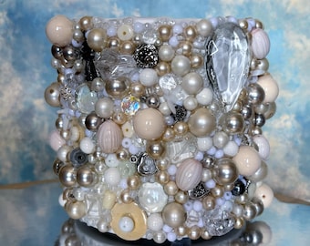 Large White Pearl Flower Pot with Jewels and Crystals, for Plants, Indoor Decoration, Maximalism, Garden, Gardening, Living Room, Kitchen, Office