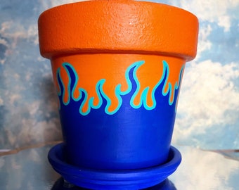 Large pot on fire flame blue orange hot wheels handmade plant flower home decor garden gardening living room office bedroom gift kitchen
