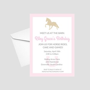 May include: Pink and white birthday invitation with a silhouette of a horse. The invitation reads "Meet us at the barn Riley Grace's Birthday Join us for horse rides, cake and games! Saturday, April 10th 2:00 to 4:00pm Rolling Acres Farm 210 MainStreet Greenville, South Carolina RSVP to Riley's mom at ASHLEY@THE210AGENCY.COM"