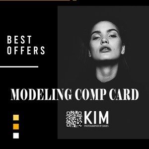 May include: A black and white modelling comp card featuring a woman's portrait, a QR code, and the text "KIM PHOTOGRAPHER BY DAVIES". The card also includes the text "MODELING COMP CARD" and a list of the model's measurements: height 170 cm, size 36, shoes 37, eyes green, birth 1997.