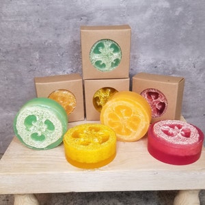 Scrubby Loofah Soap Bar. Exfoliating Fruit Scented Loofah Soaps.