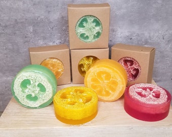 Scrubby Loofah Soap Bar. Exfoliating Fruit Scented Loofah Soaps.