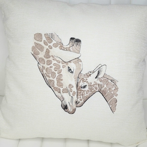 Embroidered Linen Throw Pillow 18x18. Giraffe and Baby