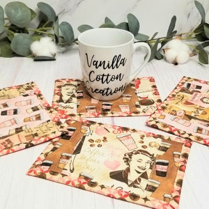 Quilted Mug Rugs. Set of 4. Retro Coffee House